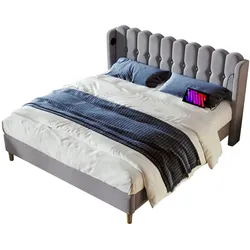 Polsterbett 160x200 cm mit USB Typ-C-Ladefunktion – modernes Design, grauer Leinenbezug, hohe Stabilität