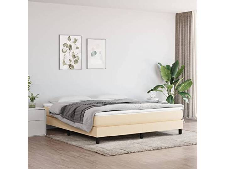 Atmungsaktiver Polsterstoff Stabiler Boxspringrahmen mit Sperrholzlatten Boxspringbettgestell Creme 160x200 cm Stoff Bettrahmen mit stabilen Beinen und Sperrholzlatten für erholsamen Schlaf ohne