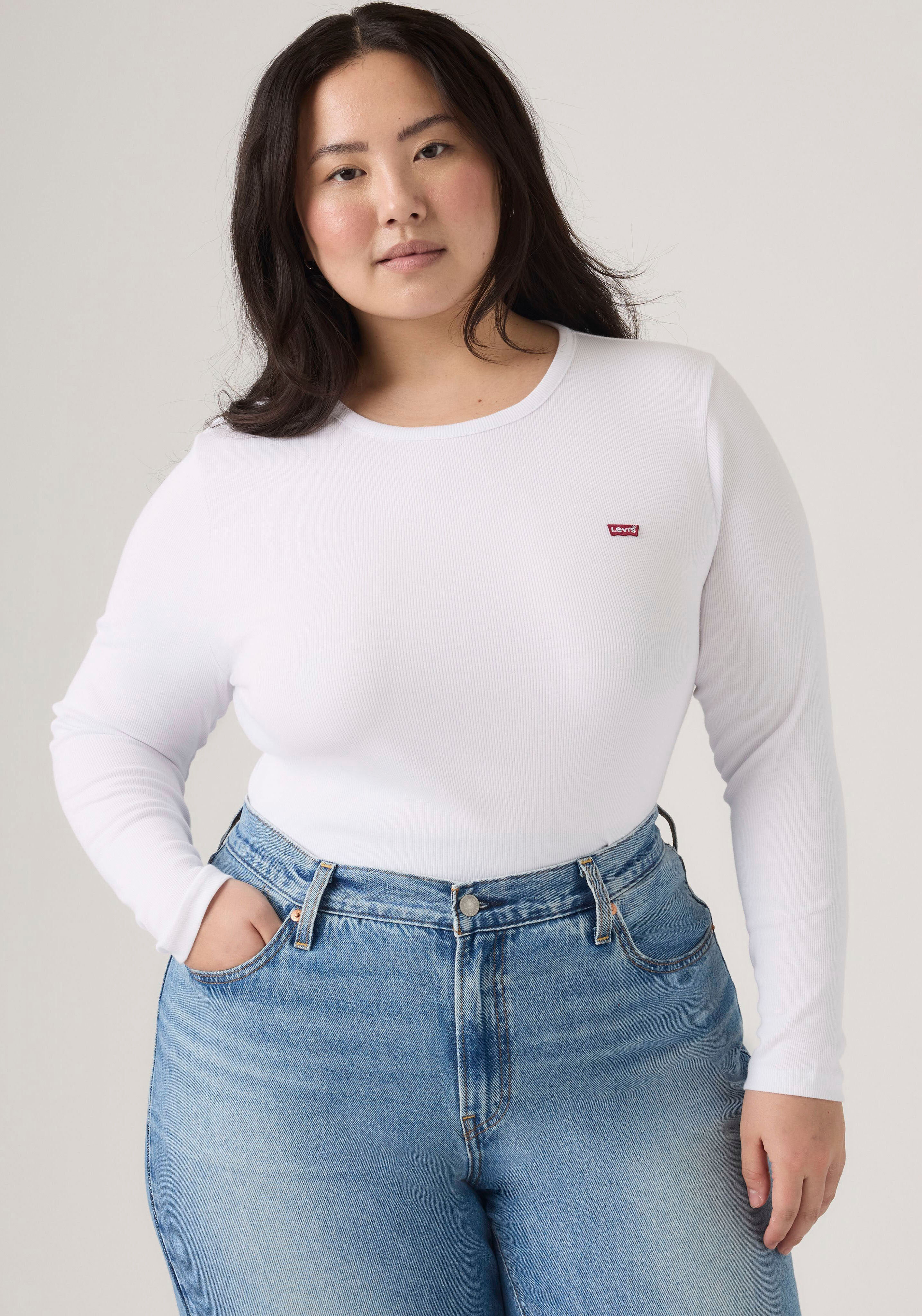 Langarmshirt LEVI'S PLUS "PL HAYES LS", Damen, Gr. XXL (50/52), lsepl haye, Feinripp, Obermaterial: 88% Baumwolle, 12% Polyester, figurbetont hüftbedeckend, Rundhals, Shirts Langarmshirt, in figurbetonter Passform