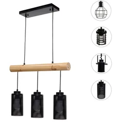 Pendelleuchte HWC-H83, Hängelampe Hängeleuchte, Industrial Vintage Massiv-Holz Metall schwarz ~ 3 Rohrlampenschirme
