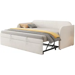 Ausziehbares Schlafsofa 90/180x190 mit Lattenrost, Leinenbezug, vertikale Streifen, platzsparend, robust, komfortabel, multifunktional, Beige