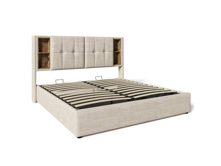 Oxeza Polsterbett 160/200 cm Beige mit kabellosem USB-C-Ladeanschluss und Speicherplatz (Ohne Matratze), Naturfarben, Mode, Rechteckig, 160x200 cm, Schlafzimmer, Betten, Polsterbetten