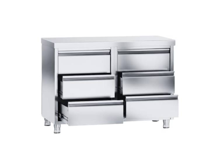 VM Europa - Gastro Arbeitsschrank mit Schubladen - 100 x 70 cm - Freistehend mit 2 x 3 Schubladen - AISI 430 Edelstahl - Edelstahlschrank Küchenmöbel Gastro Schrank