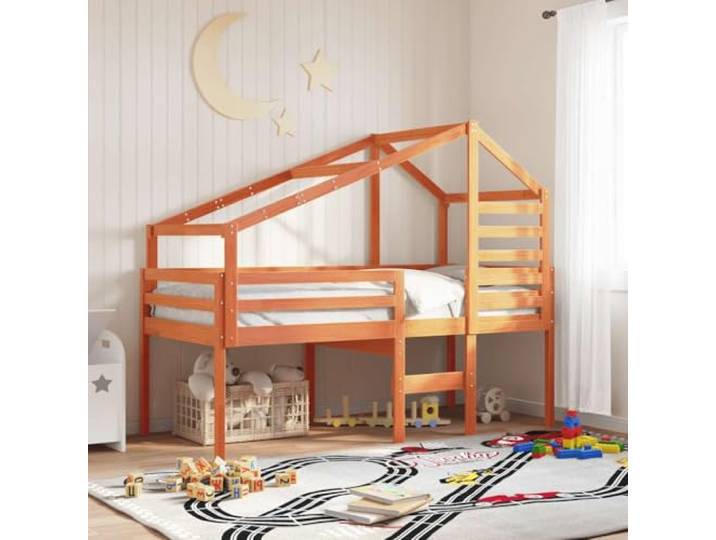 RJPLMFV Hochbett, Kiefer, massiv, Braun, 75 x 190 cm, ohne Matratze Integrierte Leiter, sicheres Geländer, Dach mit Seitentür, ideal für kleine Zimmer