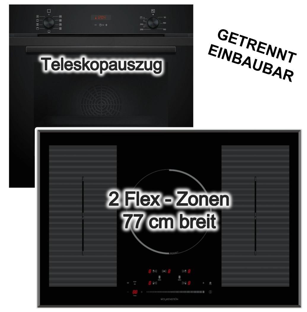 Herdset Siemens Einbaubackofen Hydrolyse Teleskopauszug + Wolkenstein Induktionskochfeld 77 cm Booster Flexzonen