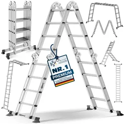 MASKO® Leiter Aluminium  Mehrzweckleiter 150 Kg belastbar, 6in1 multifunktional mit Verriegelung, Gelenkleiter, Anlegeleiter, beidseitige Steh- und Treppenleiter