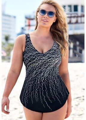 Plus Size Women's Dotted Sarong Front One Piece Swimsuit by Swimsuits For All in Engineered Rain (Size 14)