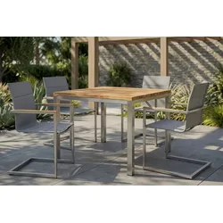 OUTFLEXX Garten-Essgruppe, Edelstahl/recyceltes Teak, Tisch 90 x 90 cm, 4 Freischwinger padded, silber, FSC®-zertifiziertes Produkt