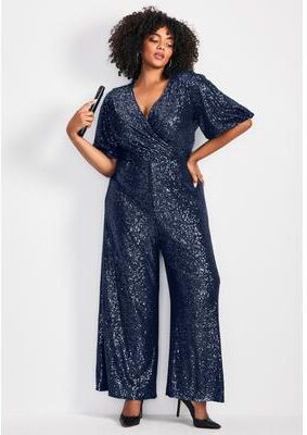 Plus Size Women's Nada Sequin Puff Sleeve Jumpsuit by Avenue in Midnight (Size 14)