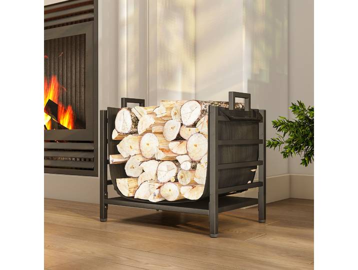 Outsunny Porte-bûches, range-bûches, avec transporteur amovible, intérieure, 49l x 34P x 44H cm, métal, noir