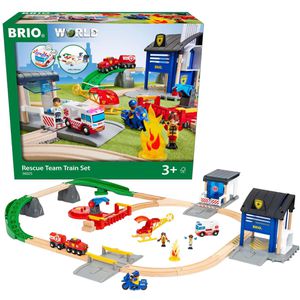 BRIO Spielzeugeisenbahn World Polizei und Feuerwehr Set Deluxe, aus Holz, mit Rettungszug, Helikopter & 3 Figuren, 38 Teile