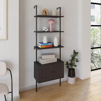 "happimess Tulare 72.05"" MidCentury Industrial 4-Shelf Wood Wall-Mounted Open Ladder Bookcase with Cabinet and Metal Frame"