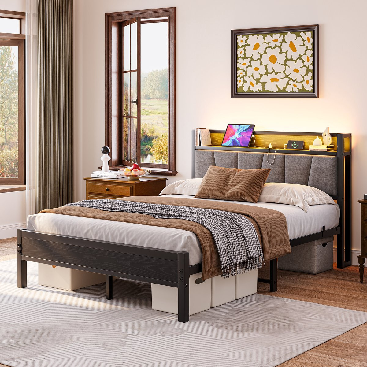 REDOM Bedframe met LED-verlichting, USB-poort en opberg-hoofdbord, Zwart, B/D: 140 x 190 cm