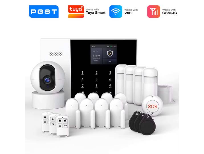 PGST kit sécurité alarme anti intrusion WiFi 2G GSM 4G Works with Tuya Smart Life système sans fil connecté pour maison commerce surveillance mobile installation rapide protection 24h sur 24