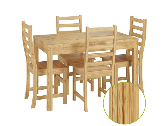 Essgruppe für Vier mit Tisch und Modernen Stühlen Kiefer Massivholz