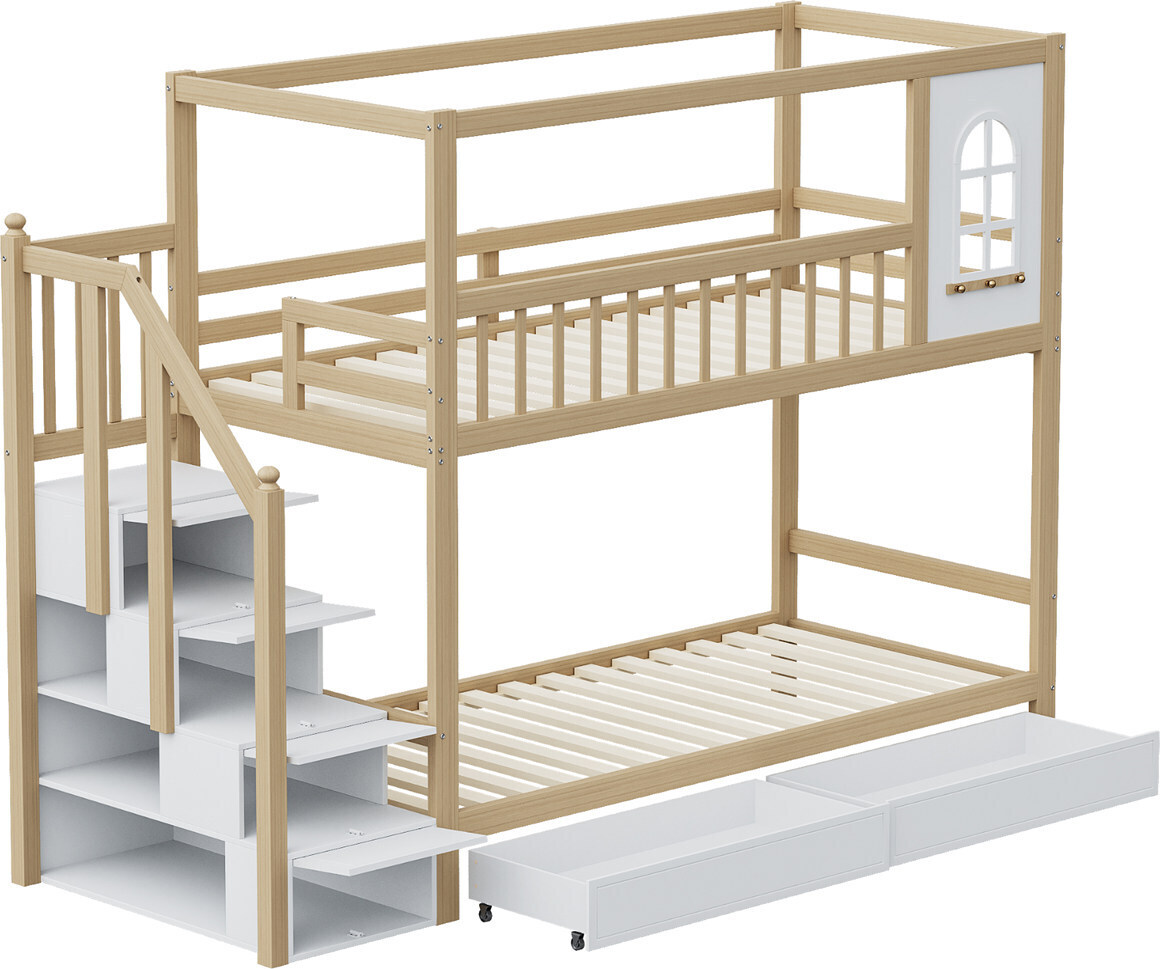 Etagenbett Kinderbett(Natur)Massivholz Doppelbett,Hausform mit Fenstern, Sicherheitszaun-Design, Mit Aufbewahrungsschubladen und Sicherheitsleiter