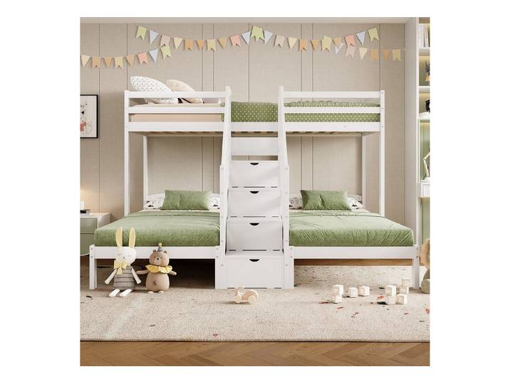 Flieks Etagenbett, Kinderbett Dreierbett 90x200cm mit Stauraumtreppe und Geländer
