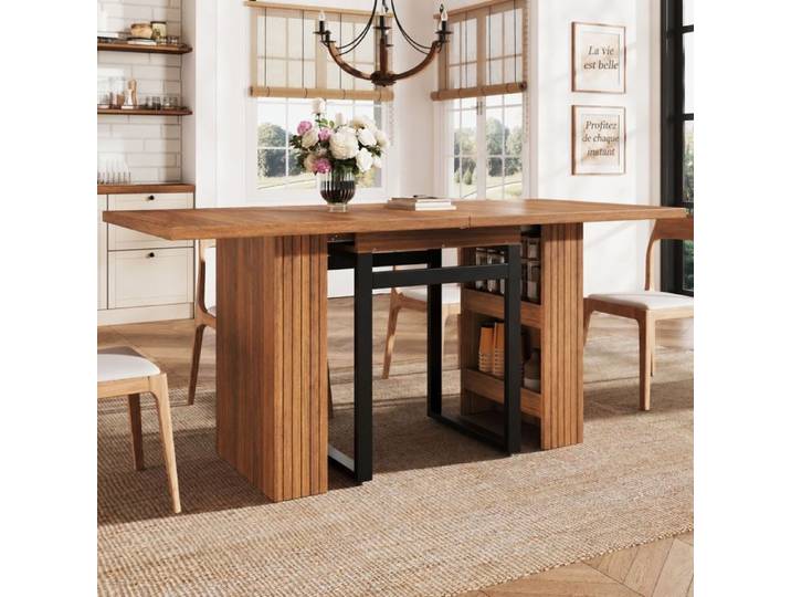 Norevia Table à manger extensible 120 à 200 cm avec rangement intégré marron foncé