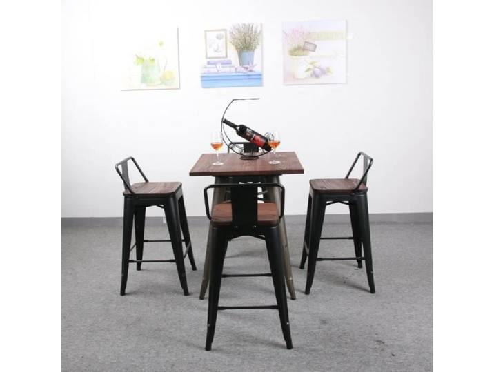 4 Tabourets de Bar Tabouret Haut Industriel Assise Bois Maison Resto Cuisine Comptoir Métal