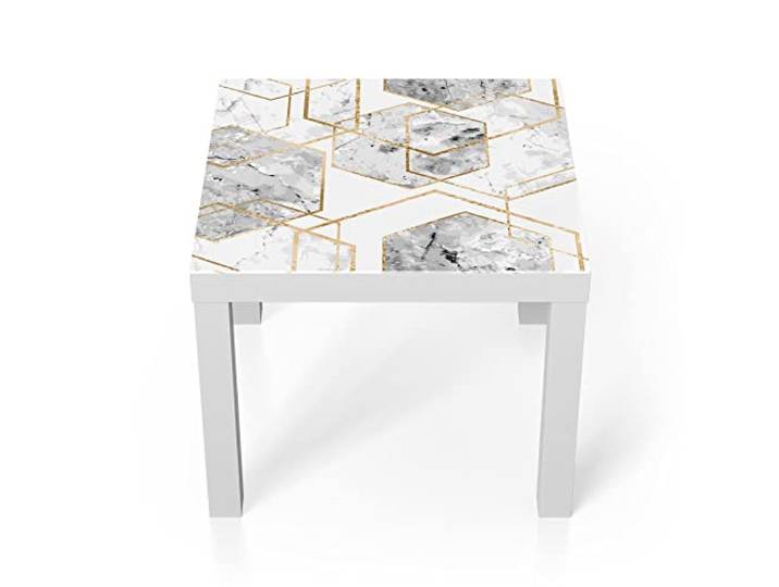 DEQORI Glastisch weiß klein 55x55 cm Motiv Goldgerahmte Sechsecke ausgefallener Beistelltisch aus Glas Hochglanz Couchtisch fürs Wohnzimmer moderner Couch Tisch mit Design
