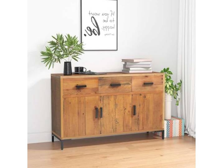 RJPLMFV Anrichte, braun, 110 x 35 x 70 cm, massives Kiefernholz 3 Schubladen, 4 Fächer, Vintage, Industrie, Wandbefestigung inklusive