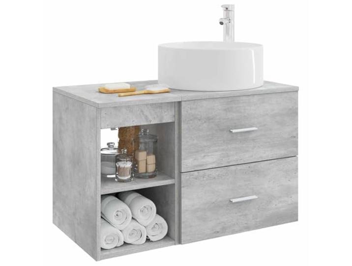 KTHLBRH Badezimmermöbel-Set 2-teilig grau Beton Technisches Holz, Wandmontage, mit Waschbecken und Wasserhahn, 1 Einlegeboden, 1 Schublade