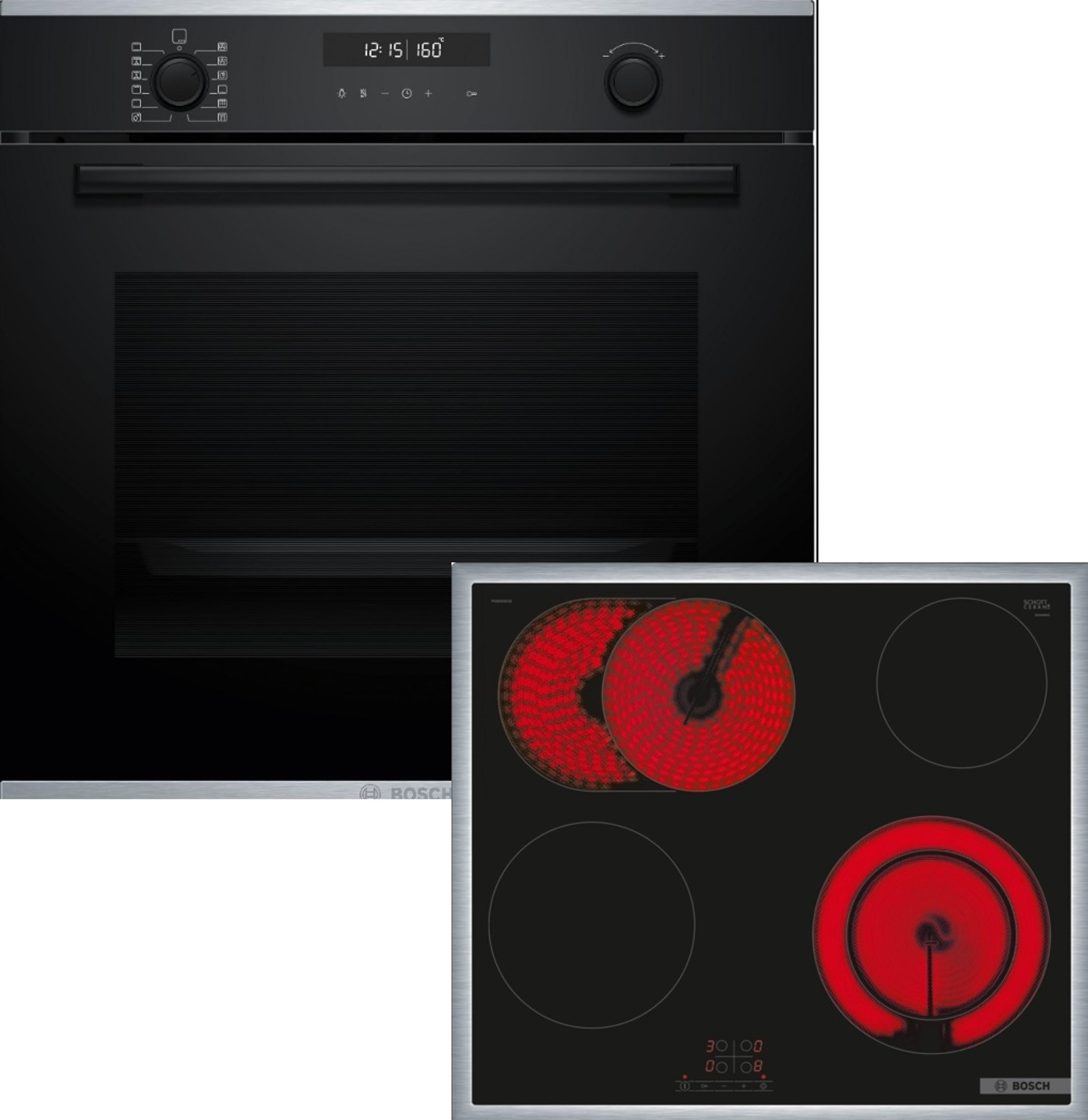 Bosch HBG278BB3 + PKN645BA2E, Glaskeramikkochfeld, 4 Zone(n), Glaskeramik, Schwarz, Touchsteuerung, 58,3 cm