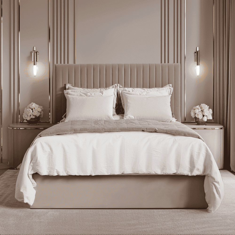 In Stock - Harriet Tall Beige Velvet Channelled Ottoman Bed - Double
