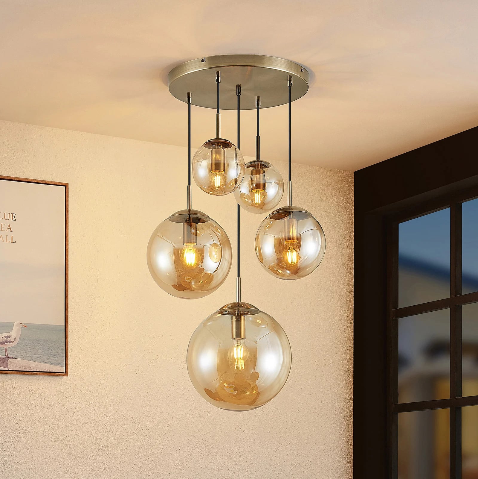 Lindby Teeja 5 Cluster Hanglamp - Amber en Transparent Glas - Vintage Design voor Woonkamer en Eetkamer - Dimbaar