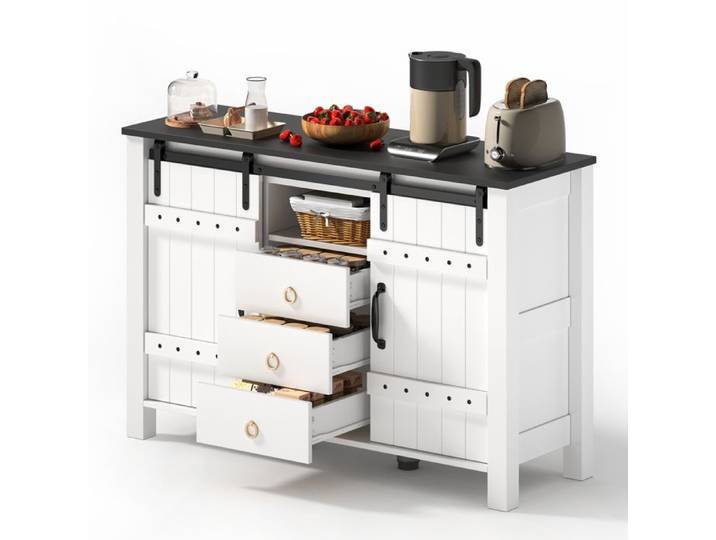 Buffet Bahut - Portes Coulissantes - 3 Tiroirs - Rangement Cuisine Salon - Mdf - Blanc