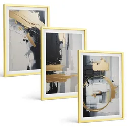 BILDER SET 3er Set - 40x60 cm Goldrahmen - Abstrakte Schwarz-Weiß-Malerei
