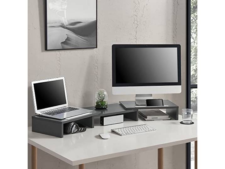 [en.casa] Monitorständer Vilppula Monitorerhöhung 79x27x10,5cm Bildschirmerhöhung mit Smartphone-Halter und Verstellbarer Länge Dunkelgrau