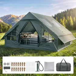 VEVOR Aufblasbares Campingzelt Familienzelt Luftzelt 5-8 Personen Grün, für Outdoor-Aktivität Wasserabweisendes 420D Oxford-Gewebe mit Dachfenster Ofenrohrdurchführung Netzfenster & Tragetasche