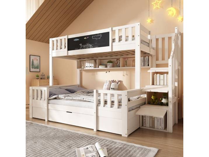 Lit superposé 3 couchages avec armoire-échelle tableau noir et tiroirs blanc