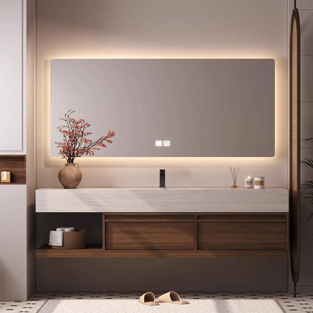 Möbel-Waschbecken - Sinterstein - Waschtischmöbel, Waschbecken mit Unterschrank, Wandspiegel, Spüle mit Armaturenloch 130cm [RW016-130]