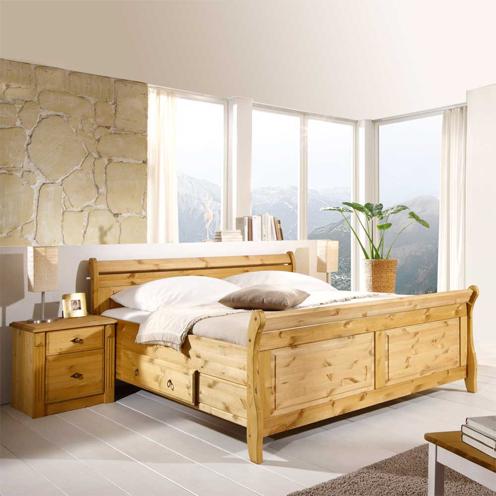 Pharao24.de Komfortbett mit Nachtkommoden aus Kiefer Massivholz Landhaus (dreiteilig)