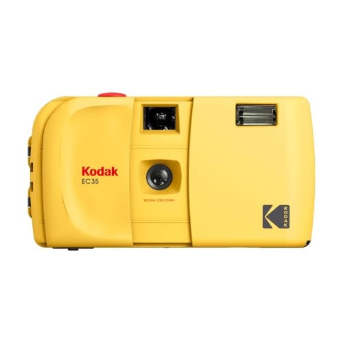 Kodak EC35 35mm herbruikbare filmcamera met ingebouwde flitser en schuifhoes, botergeel