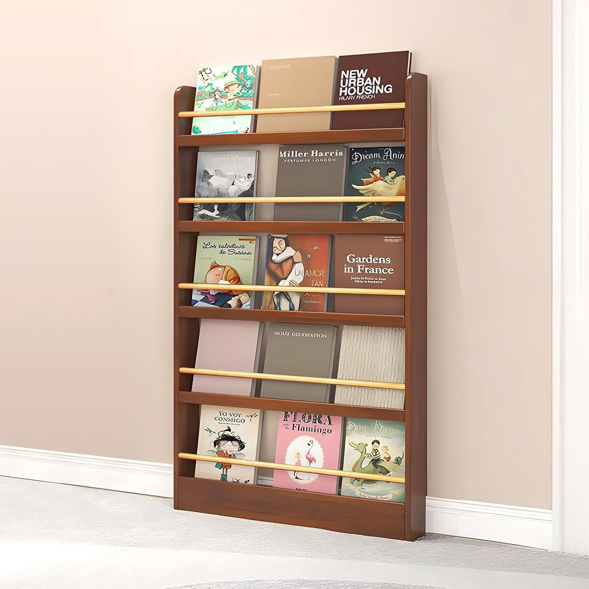 Kinderboekenplank Walnoot - Boekenkast voor Kinderen met 4 Niveaus - Wandmontage