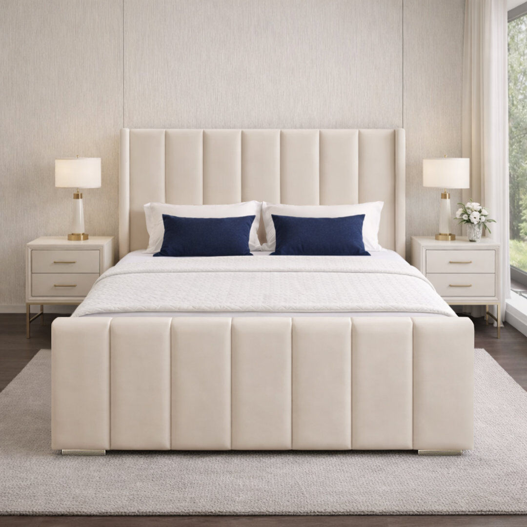 Canora Grey Premium Luxury Wingback Panel Bed Frame Cream Double (4'6)