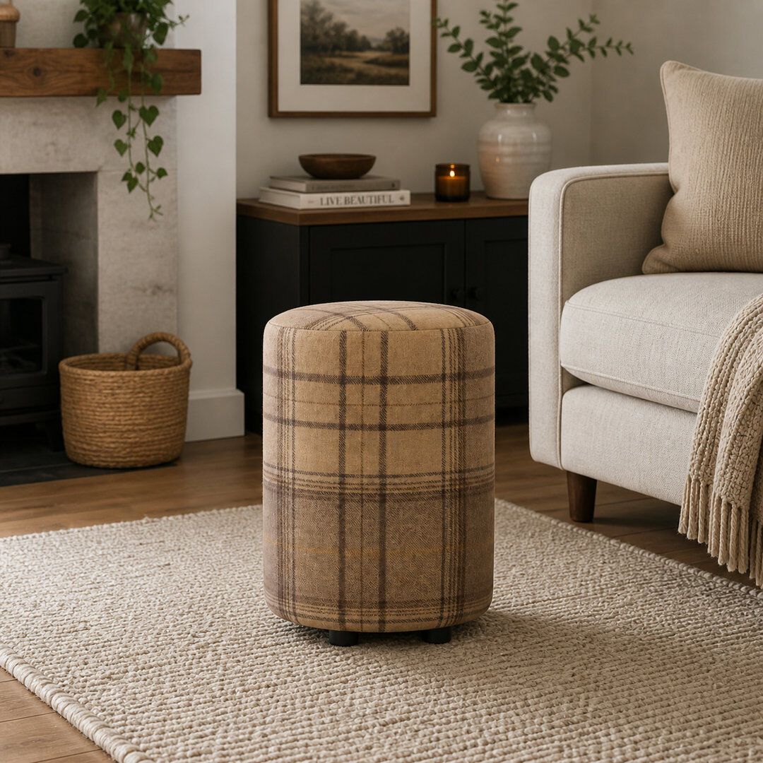 Brambly Cottage Tartan Fabric Round Stools Tartan Grey 43cm H X 36cm W X 36cm D