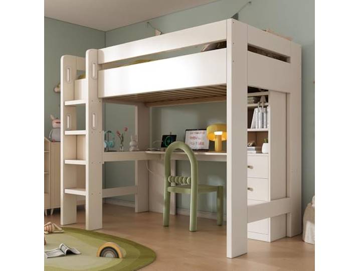 Merax Hochbett 90x200cm, Kinderbett Etagenbett mit L-förmigem Schreibtisch, Regalen, Schubladen, Platzsparendes Stockbett mit Lattenrost, Rausfallschutz, Funktionsbett mit USB/Type-C, Jugendbett, Weiß