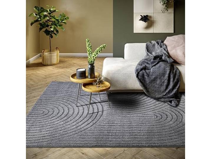 Elle Decoration Panglao moderner Kurzflor Teppich - Wohnzimmerteppich Flauschig – Hoch-Tief Effekt Skandi Boho Geometrisch Wellen, Bogen - für Wohnzimmer, Schlafzimmer, Küche - Anthrazit, 80x120cm