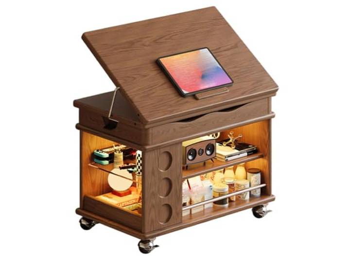 MJJRWF Höhenverstellbarer Couchtisch mit Stauraum und Rollen Drehbar um 180 Grad, Neigbar um 45 Grad, 200 Pfund Tragkraft, Mobiler Beistelltisch(Style6)