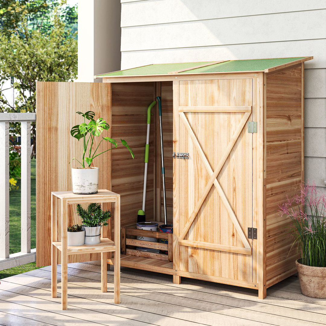 Outsunny Small Shed Wooden Garden Shed Hooks Lockable 140x75x157cm Natural Brown 140cm W X 75cm D X 157cm H