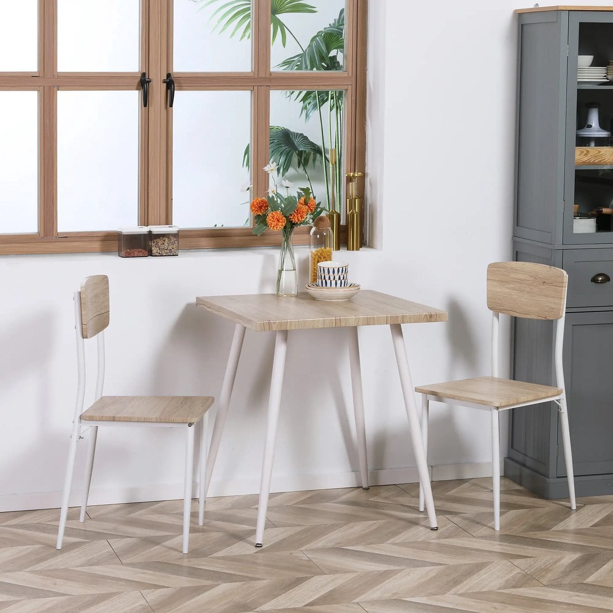 Pugsdrly 3-delige eetkamerset met eettafel en 2 stoelen, metalen frame, Naturel+wit