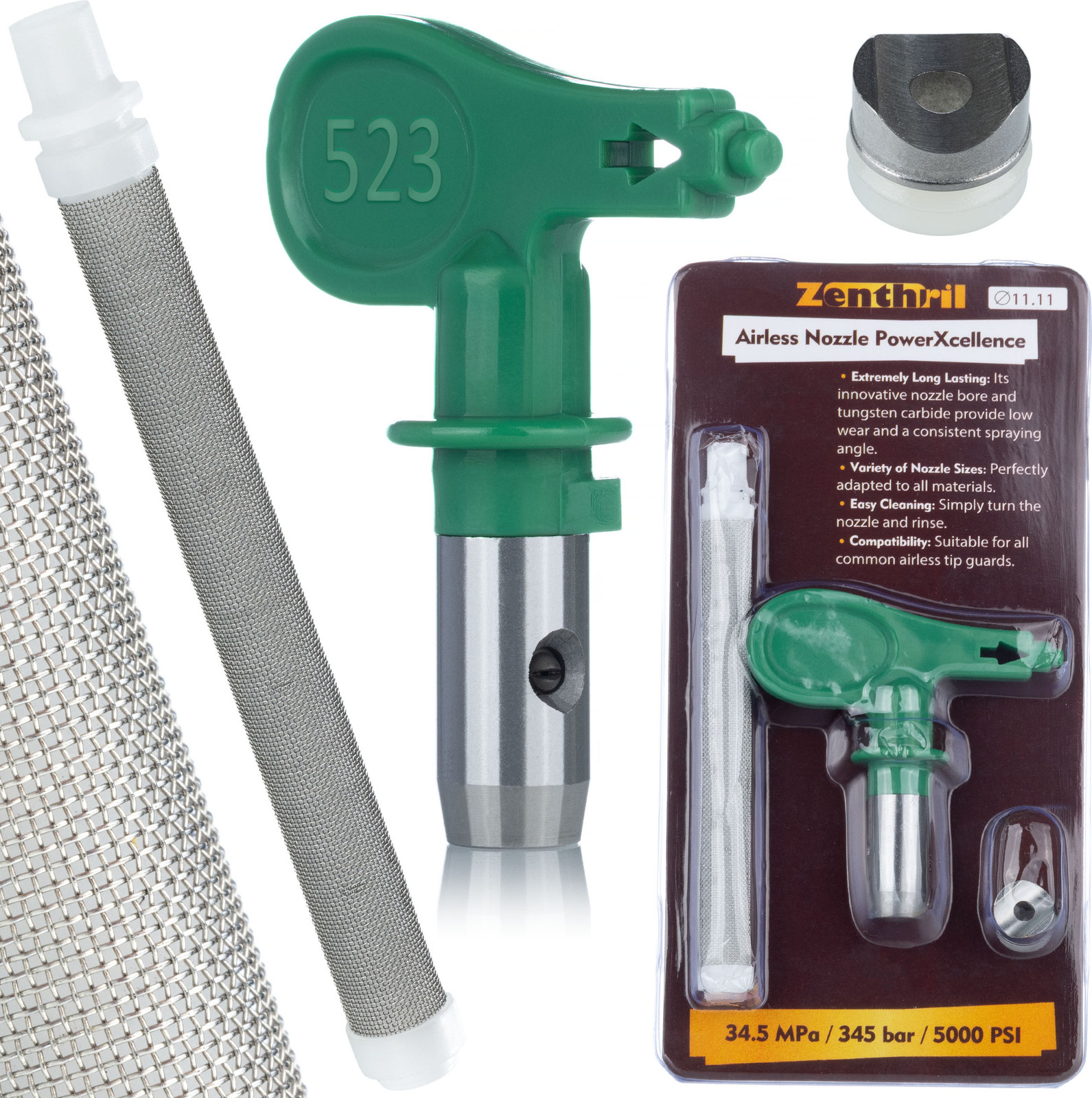 ROSFIX Spuitmond PowerXcellence Model 523 met Vingerfilter 60 Mesh voor Airless Verfspuit, 25 cm Sproeibreedte