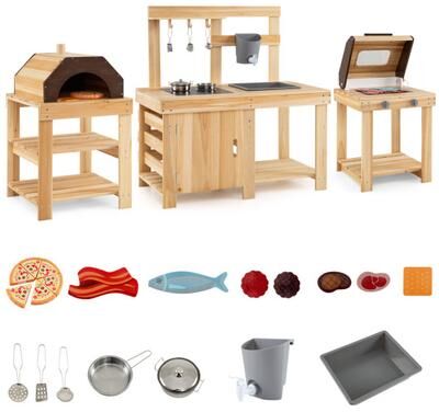 Costway 3-Piece Outdoor Kitchen Set Mud Kitchen with Separate BBQ Grill and Pizza Oven-Natural