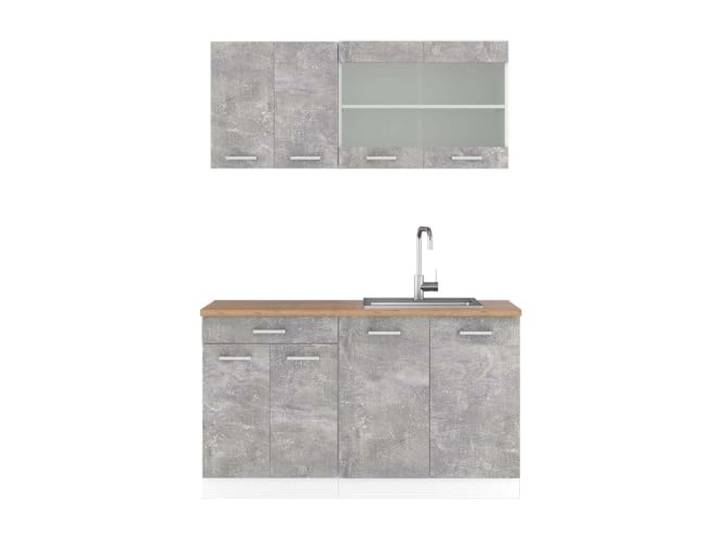 Vicco Küchenzeile R-Line, Beton, 140 cm 4 Module · Höhenverstellbare Füße · Arbeitsplatte Eiche · Robuste Fronten · Mit Glasschrank · Frei kombinierbar