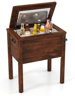 Costway Wooden Patio Cooler with 3 Handles and Bottle Opener-Brown
