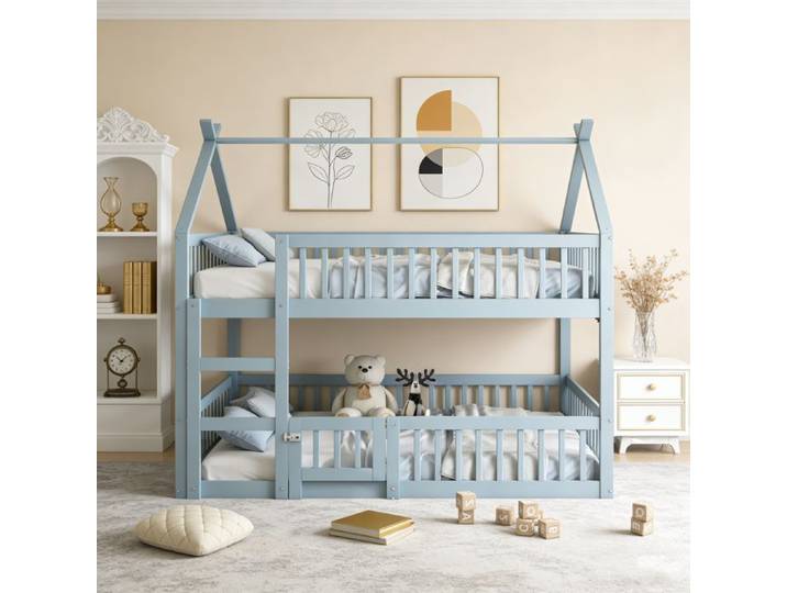 Lit superposé enfant 140x200 cm avec escalier style mezzanine cadre de lit en bois massif lit enfant gris